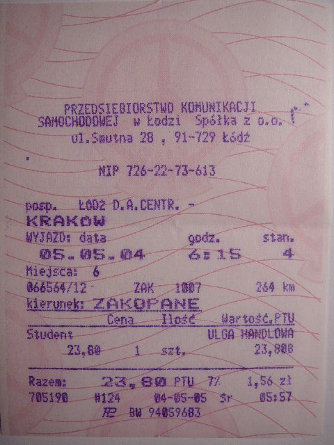 bilet PKS relacji Łódź - Kraków