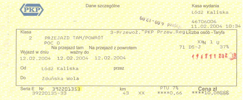 Bilet kolejowy KURS90 (nowszy blankiet)